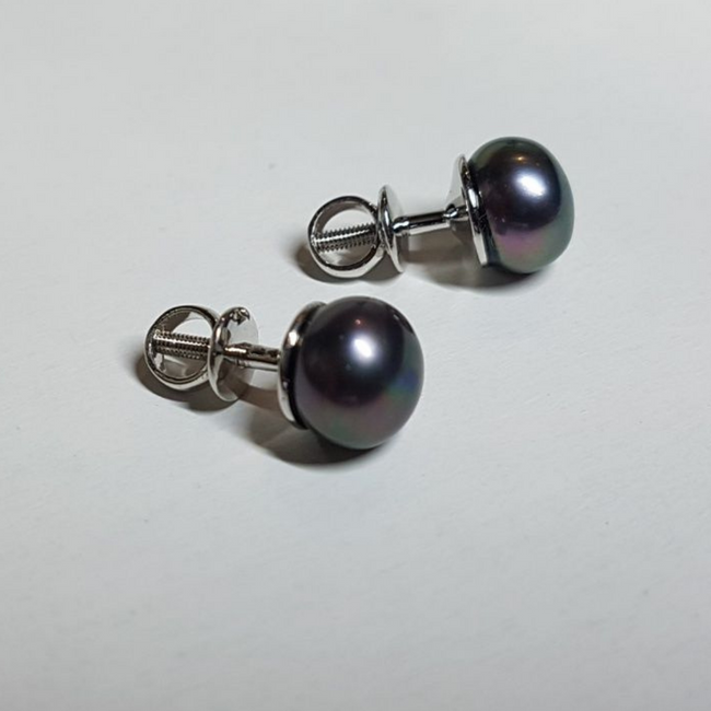 Срібні сережки пусети закрутки Перлини чорні (6 мм) 923093-b-H