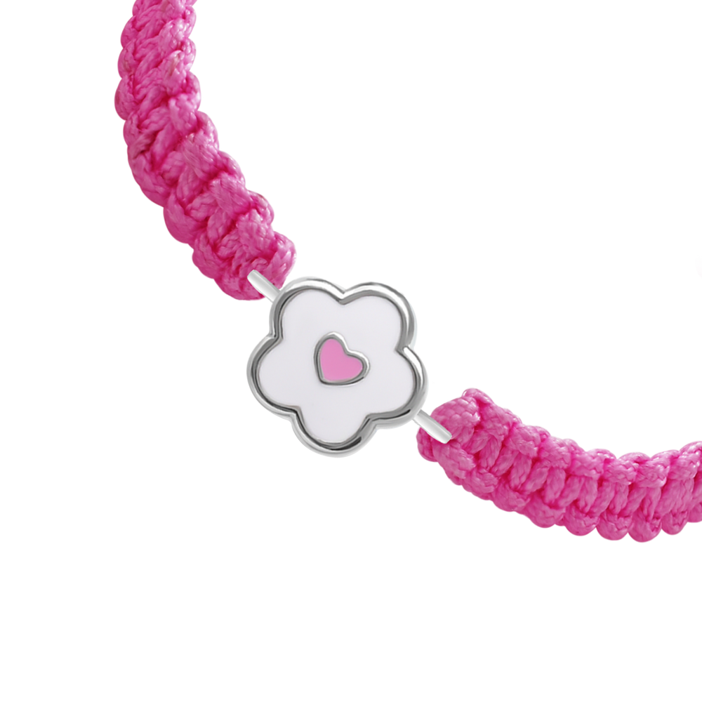 Детский браслет-шнурок с серебром плетеный Цветочек с сердечком розовый Арт. 4195608006240424