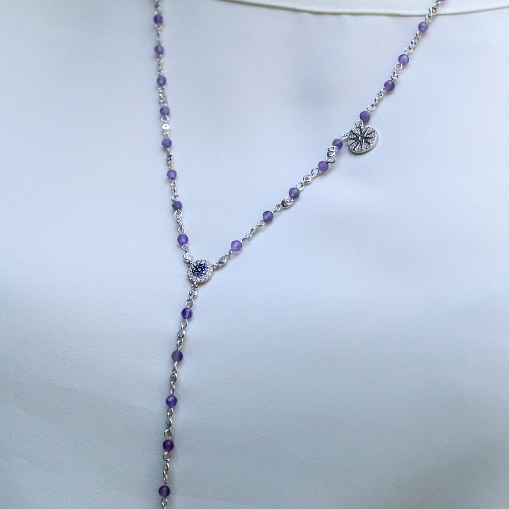 Срібне кольє-краватка подовжене з фіолетовими фіанітами KO14294, 50 розмір