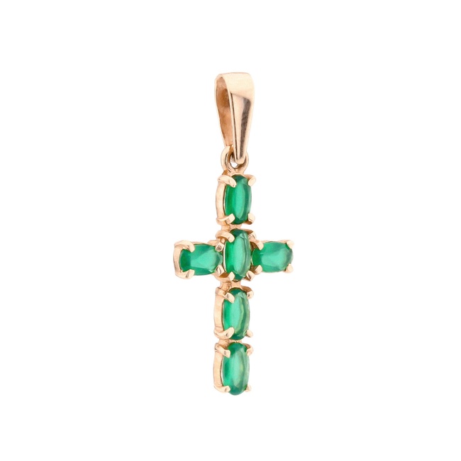Золотий кулон-хрестик з зеленим агатом 13704-2, Зелений