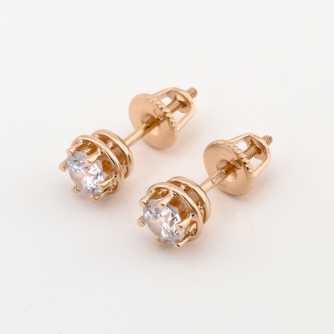 Золоті сережки-гвоздики (пусети) круглі з одним фіанітом 12469-1, Білий