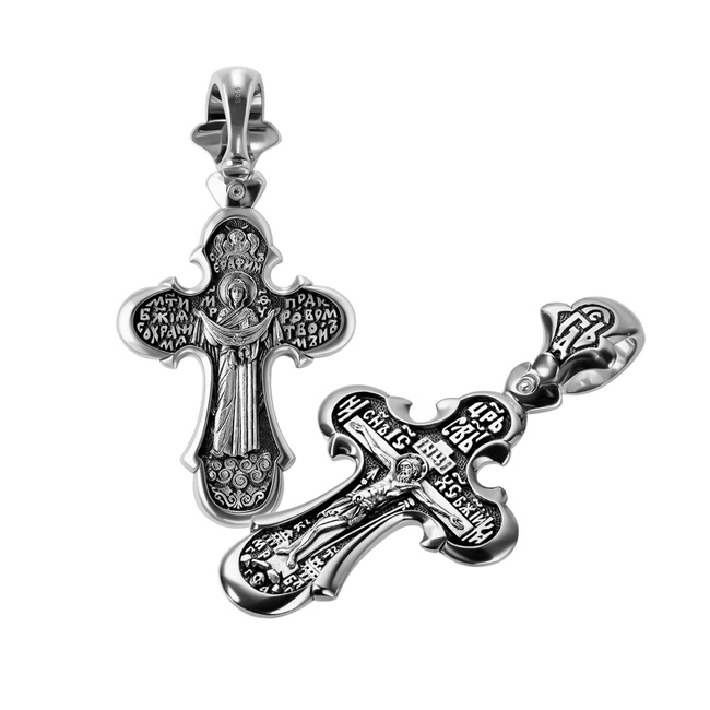 Серебряный крест нательный с иконой Покрова Божией Матери с чернением ксч004-DR