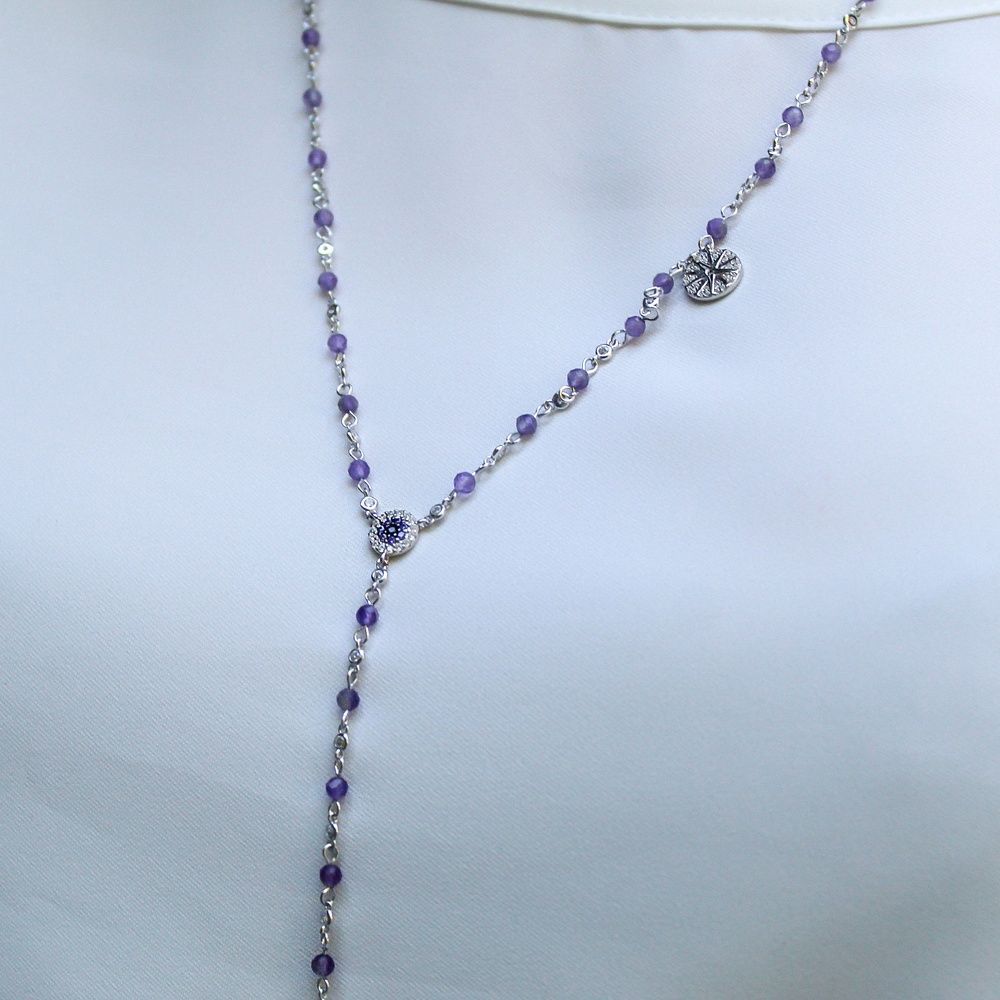 Серебряное колье-краватка удлиненное с фиолетовыми фианитами KO14294, 55 размер