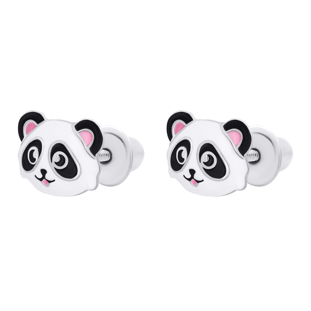 Дитячі сережки-пусети Панда з біло-чорною та рожевою емаллю 2195820006020501, Білий|Чорний, UmaUmi Pets