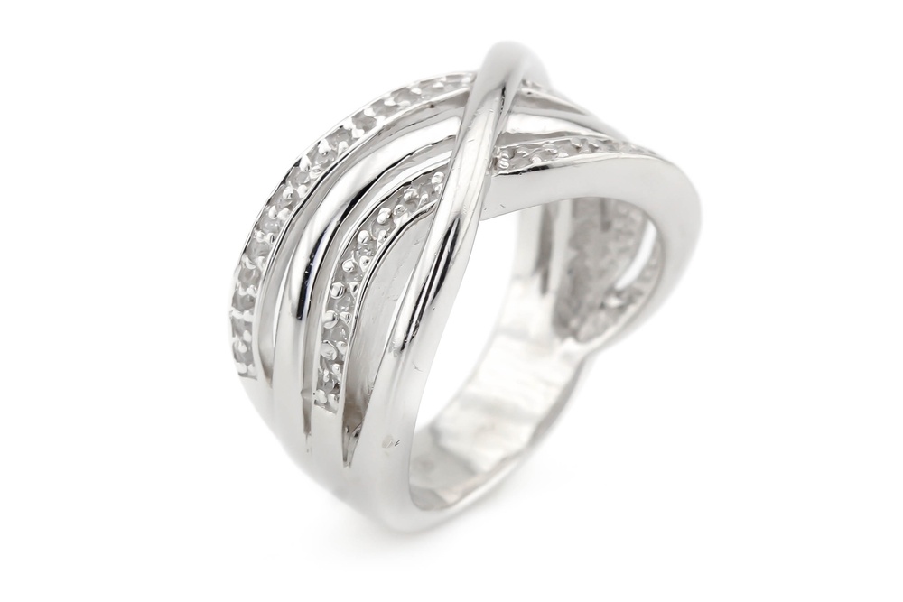 Широкое серебряное кольцо Переплетение дорожекс с фианитами СК11092, 16,5 размер, 16-5, Белый