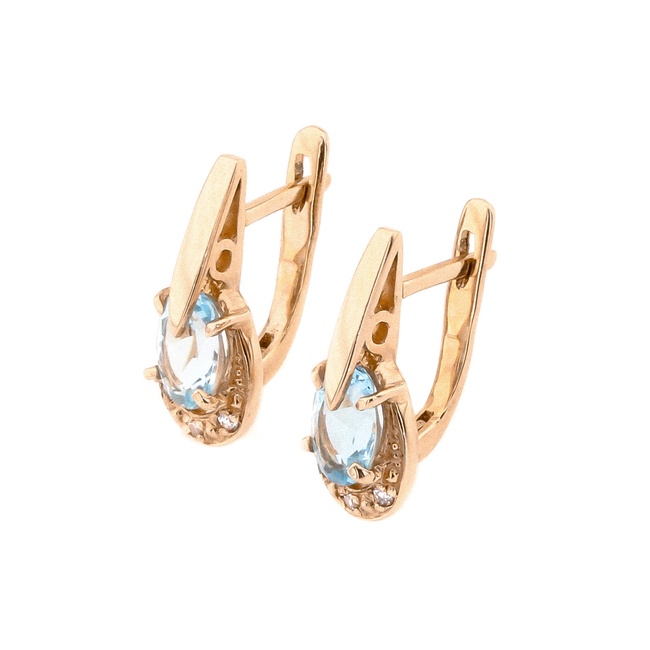 Золоті сережки овальної форми з топазами та фіанітами 12535top, Блакитний