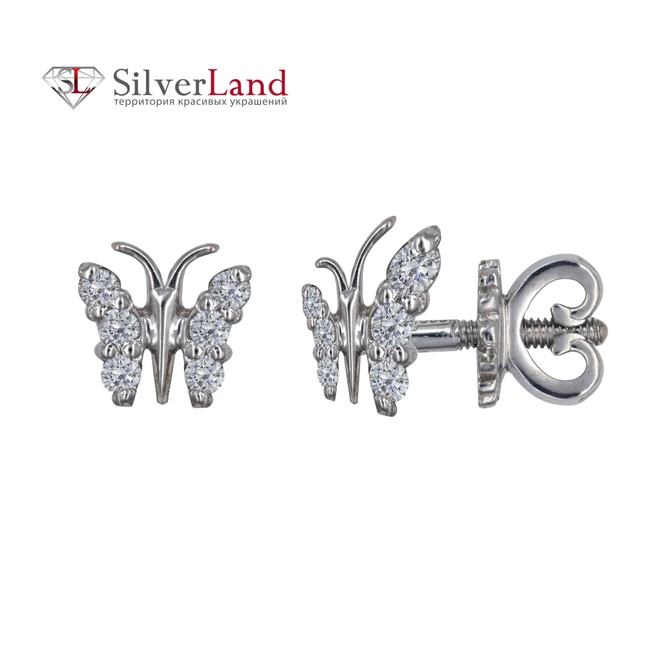 Золоті сережки гвоздики (пусети) метелики з діамантами Арт. ПС-25, Білий