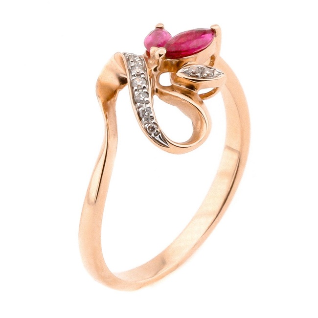 Золотое кольцо Завиток с рубинами маркиз и бриллиантами YZ32471, 17 размер
