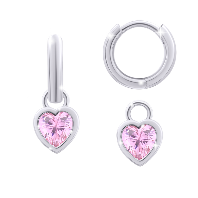 Детские серебряные сережки-колечки с подвесами Сердце сияющее с розовым камнем 8295722016110501, Розовый, 1499