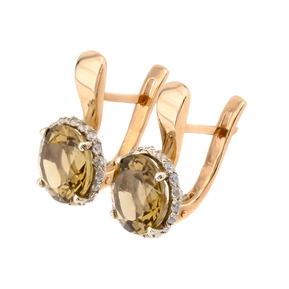Золоті сережки з коричневим каменем бренді топазом та фіанітами 12952btop, Коричневий