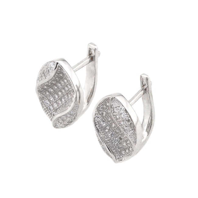 Срібні сережки ромбовидної форми з фіанітами з англійським замком C12538, Білий