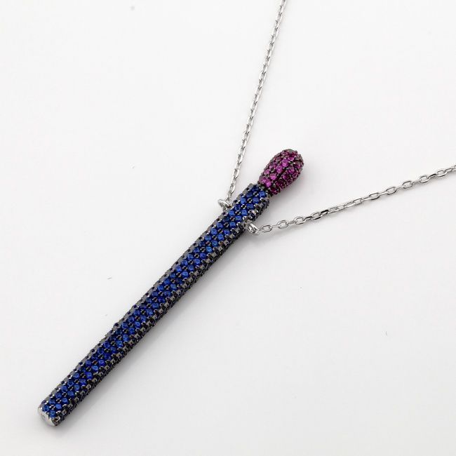 Серебряное колье Спичка с синими фианитами KO14351, 45 размер