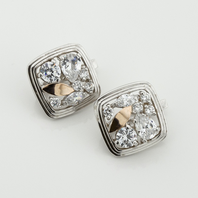 Срібні сережки Квадрати з фіанітами із золотими накладками с514ф