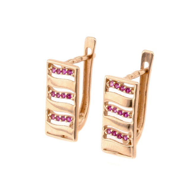 Золотые серьги "Пластины" с розовыми фианитами C12842, Розовый