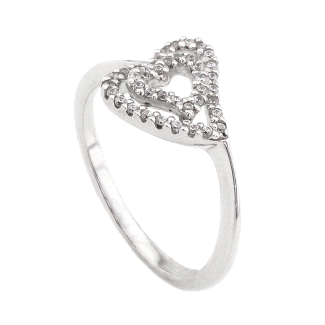 Серебряное кольцо "Двойное сердечко" с фианитами тонкое155005, 17,5 размер, Белый