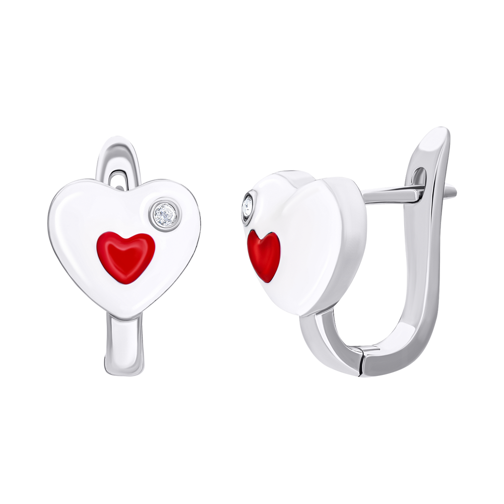 Дитячі сережки Серце в серці з біло-червоною емаллю та фіанітами 2195569076210501, Білий|Червоний, UmaUmi Symbols