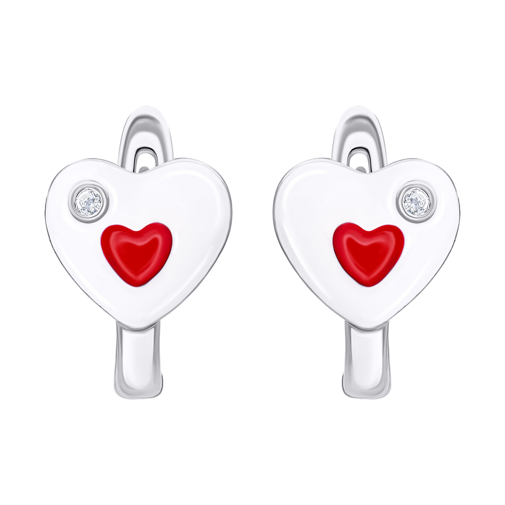 Детские сережки Сердце в сердце с бело-красной эмалью и фианитами 2195569076210501, Белый|Красный, UmaUmi Symbols