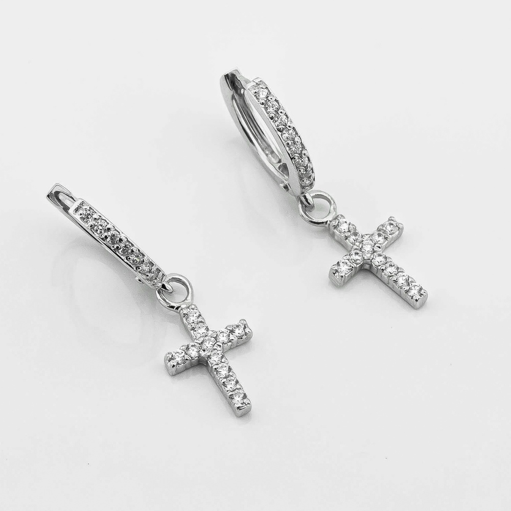 Срібні сережки-кільця Хрестики з білими фіанітами 121122-4