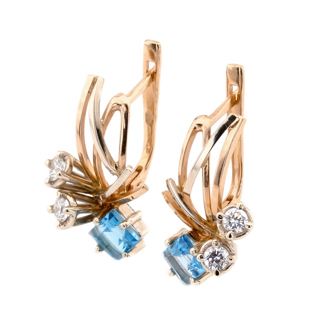 Золоті класичні сережки з квадратними топазами та фіанітами 12138top, Блакитний