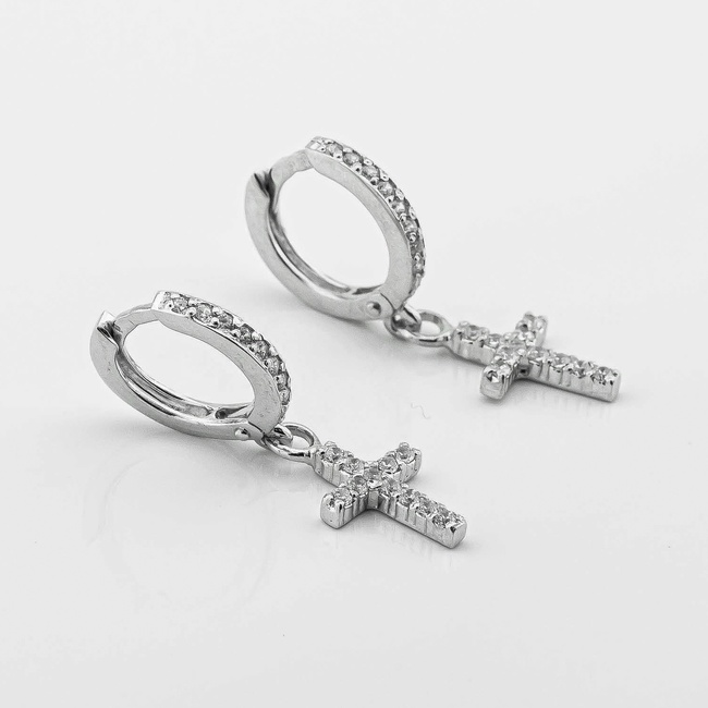 Срібні сережки-кільця Хрестики з білими фіанітами 121122-4