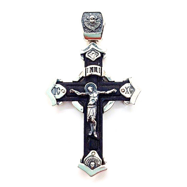 Дерев'яний Хрест 22 Розп'яття Христа (Спаси та Збережи) зі сріблом чорнінням (ебенове дерево) 2052-IDE
