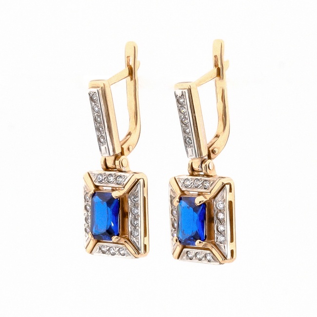 Золоті сережки з прямокутними підвісками з синьою шпинелью та фіанітами КС12022, Синій