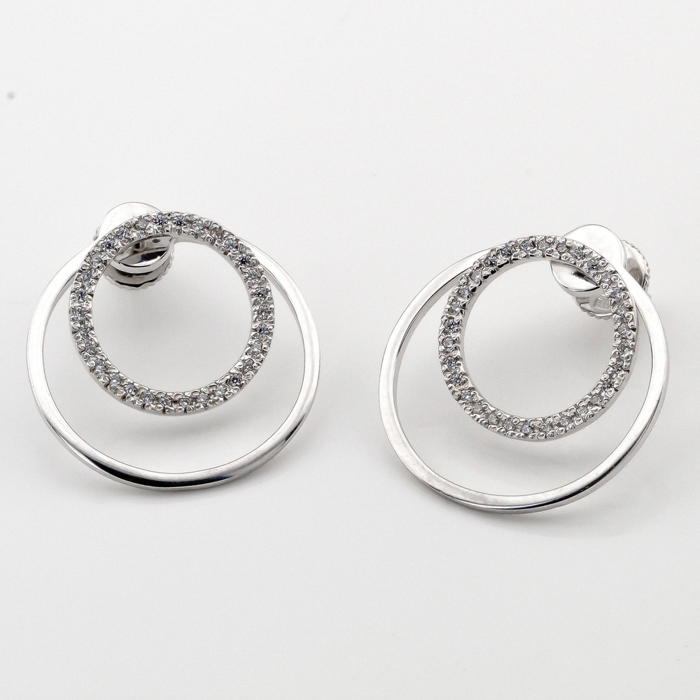 Сережки-джекети з двох кілець з білого золота з фіанітами 121083-2, Білий