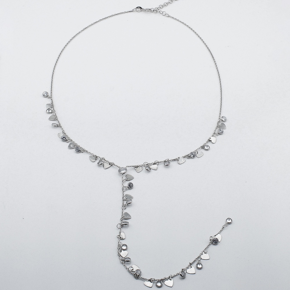 Серебряное колье-галстук с фианитами и сердечками ko14704, 45 размер