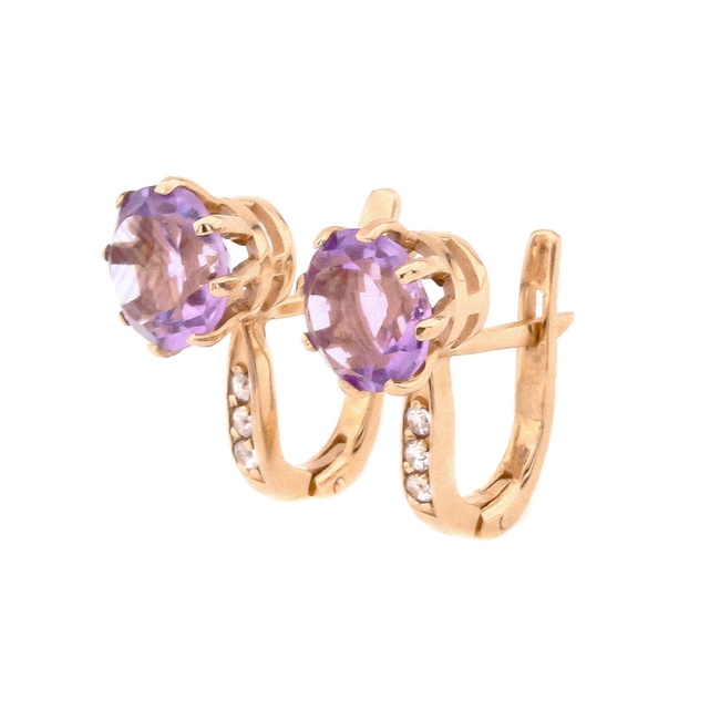Золоті сережки класичні з аметистами вгорі та фіанітами 12946am, Фіолетовий