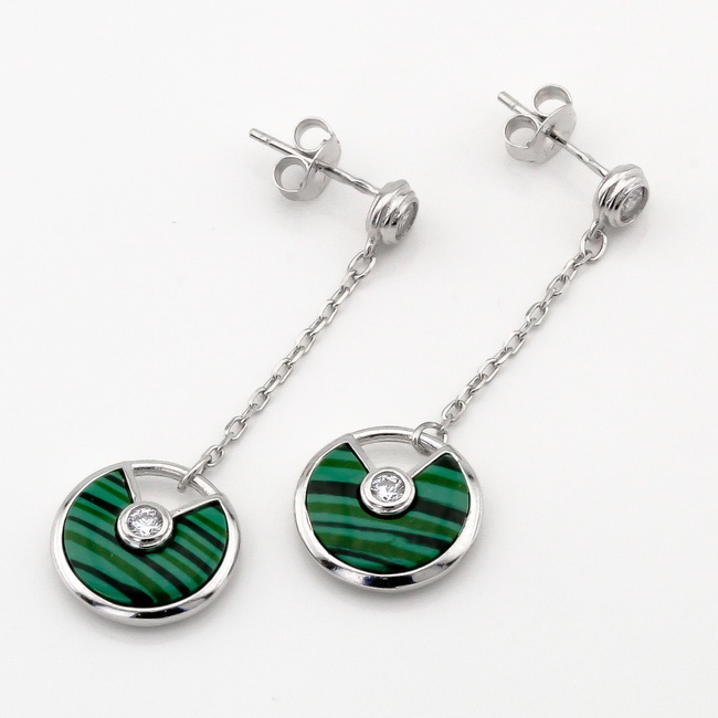 Срібні сережки-підвіски з ланцюжком з зеленим ім. малахіту та фіанітами C121304, Зелений
