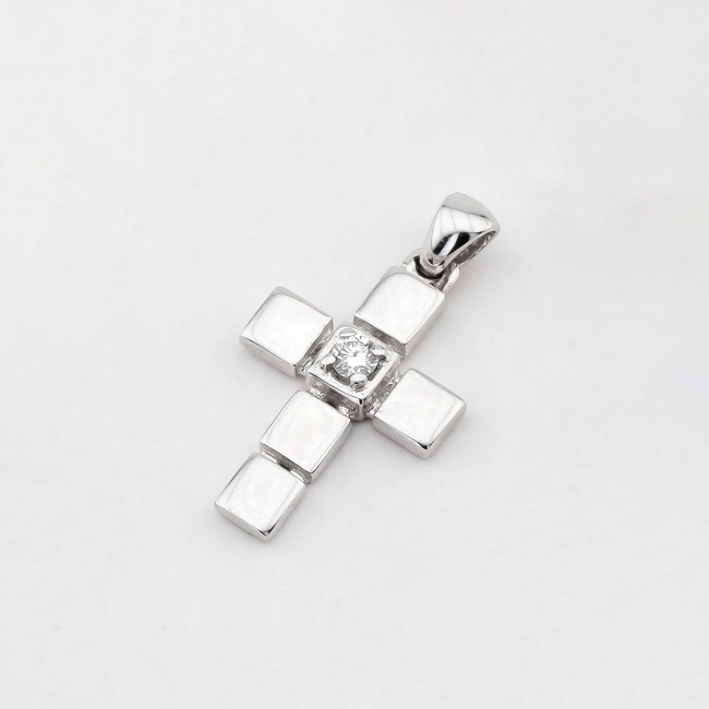 Хрестик з білого золота квадратиками з діамантом KU07314, Білий