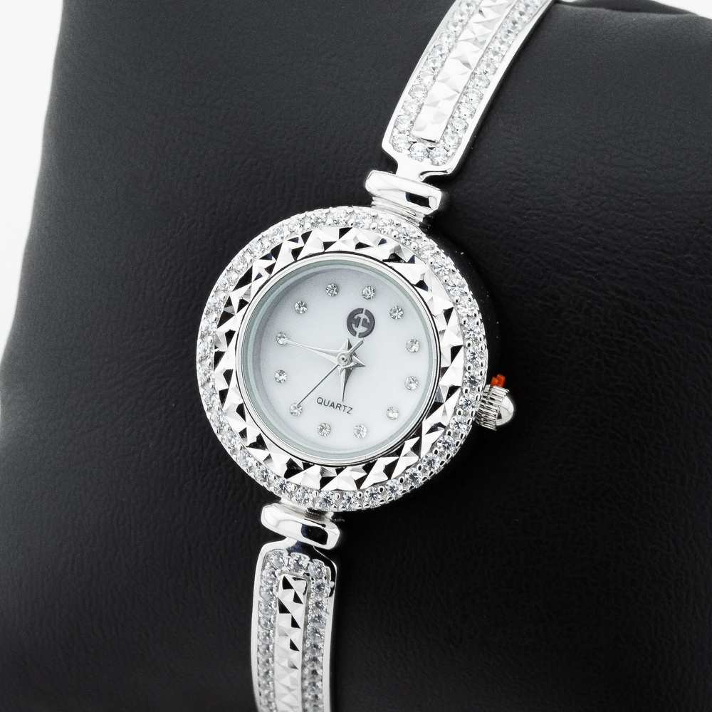 Срібний годинник жіночий круглий з білими фіанітами watch023, Білий
