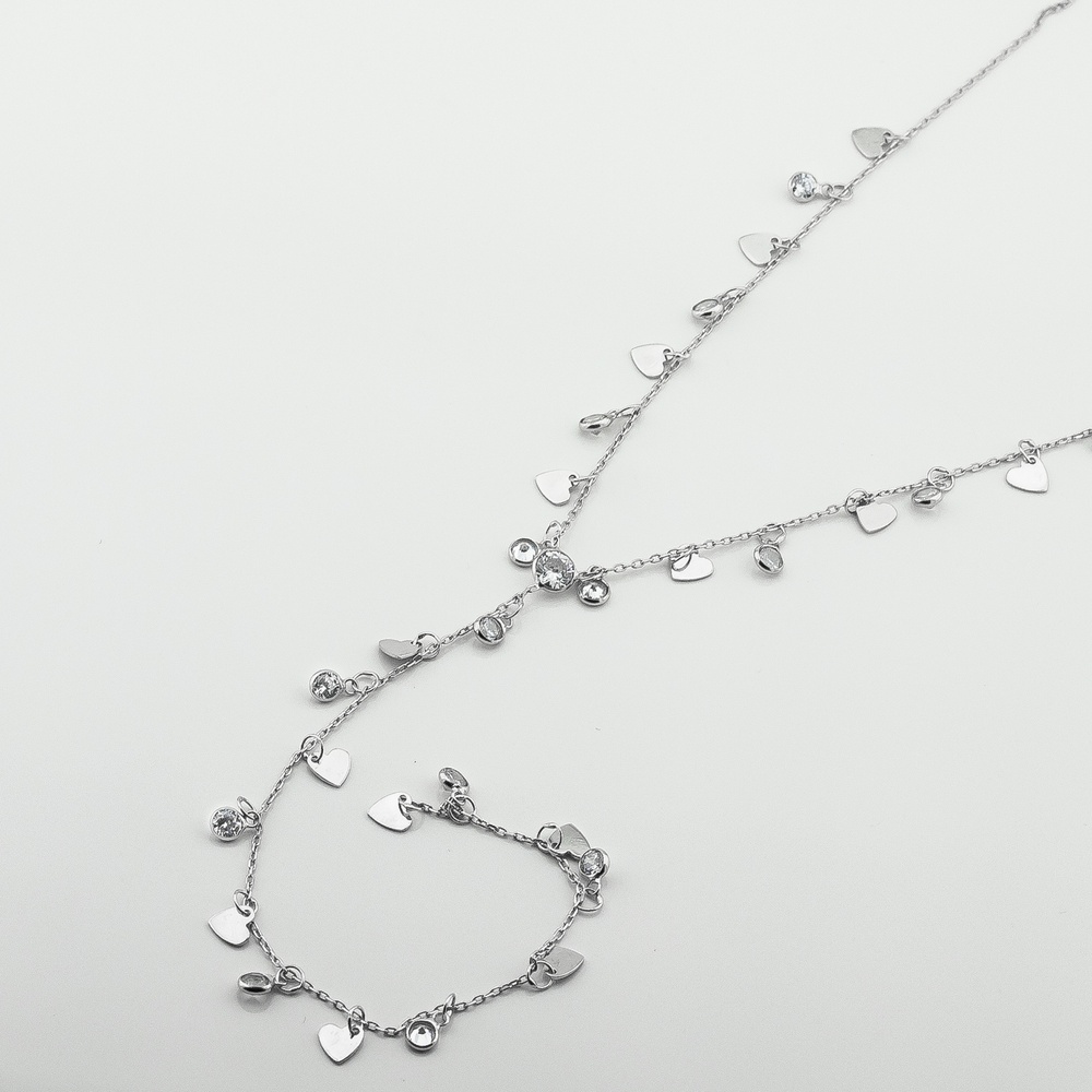 Серебряное колье-галстук с сердечками и фианитами ko14709, 40 размер