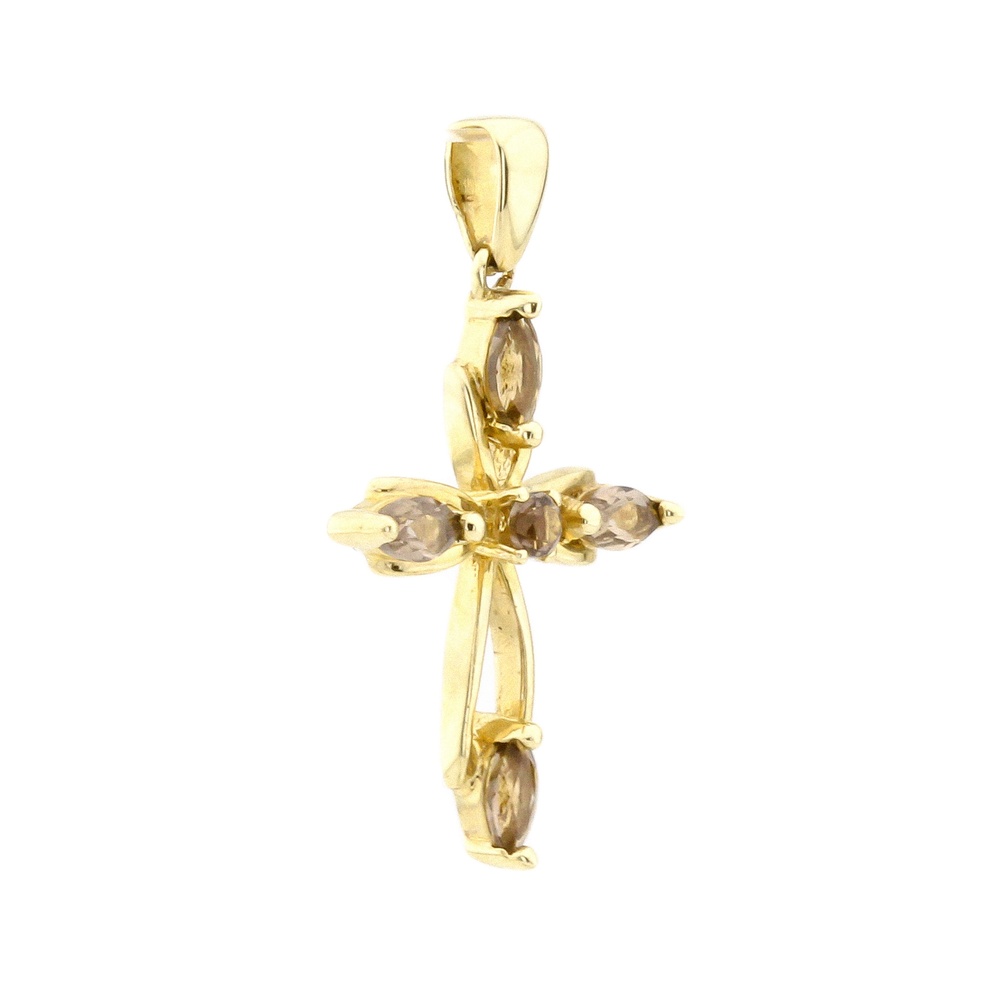 Золотой декоративный крестик с дымчатым кварцем 13102-2, Коричневый