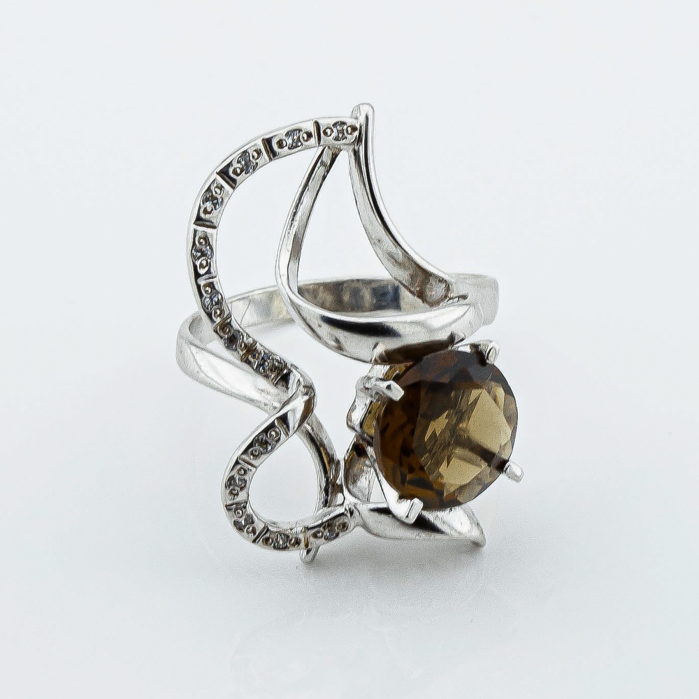 Серебряное кольцо с дымчатым кварцем и фианитами 11221sq, 17,5 размер