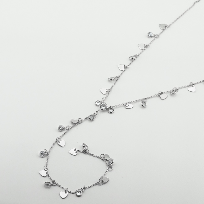Серебряное колье-галстук с сердечками и фианитами ko14709, 40 размер