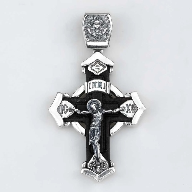 Деревянный Крест 27 Распятие Христа (Спаси и Сохрани) с серебром чернением (эбеновое дерево) 2058-IDE