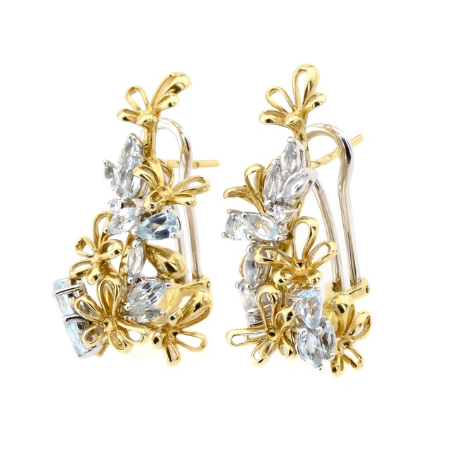 Золоті сережки Квіти з топазами та фіанітами з жовтого золота з італійською застібкою 12286top, Блакитний