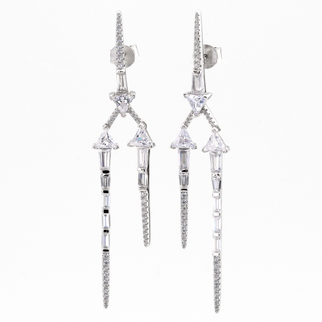 Срібні довгі сережки-підвіски "Стріли" з білими фіанітами родовані C121121, Білий