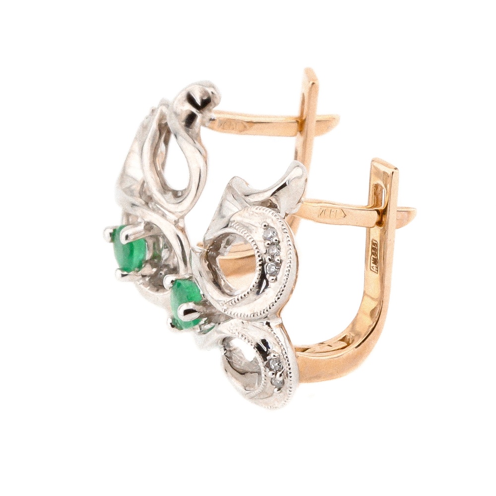 Золоті широкі фігурні сережки зі смарагдами та діамантами KP10768, Зелений|Білий