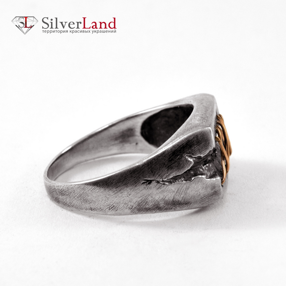 Авторський срібний перстень "EJ Dr. Lecter" з чорнінням у формі печатки "зашитої" золотими нитками Арт. 1066/EJ розмір 17