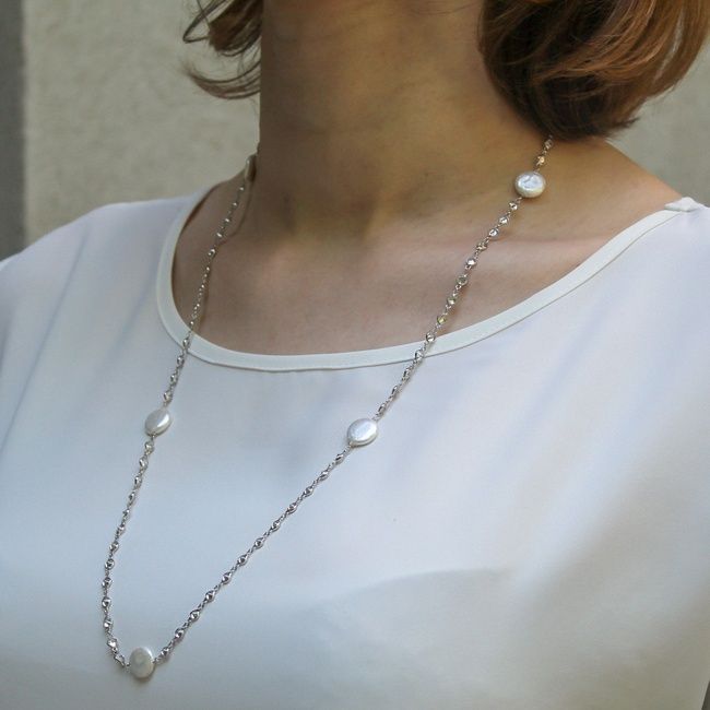 Серебряное колье с им. жемчуга и фианитами KO14291, 65 размер
