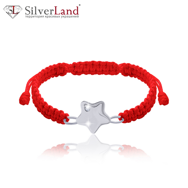 Червоний браслет-нить плетений Зірка велика зі сріблом з білим фіанітом Сваровські Арт. 5585uub1