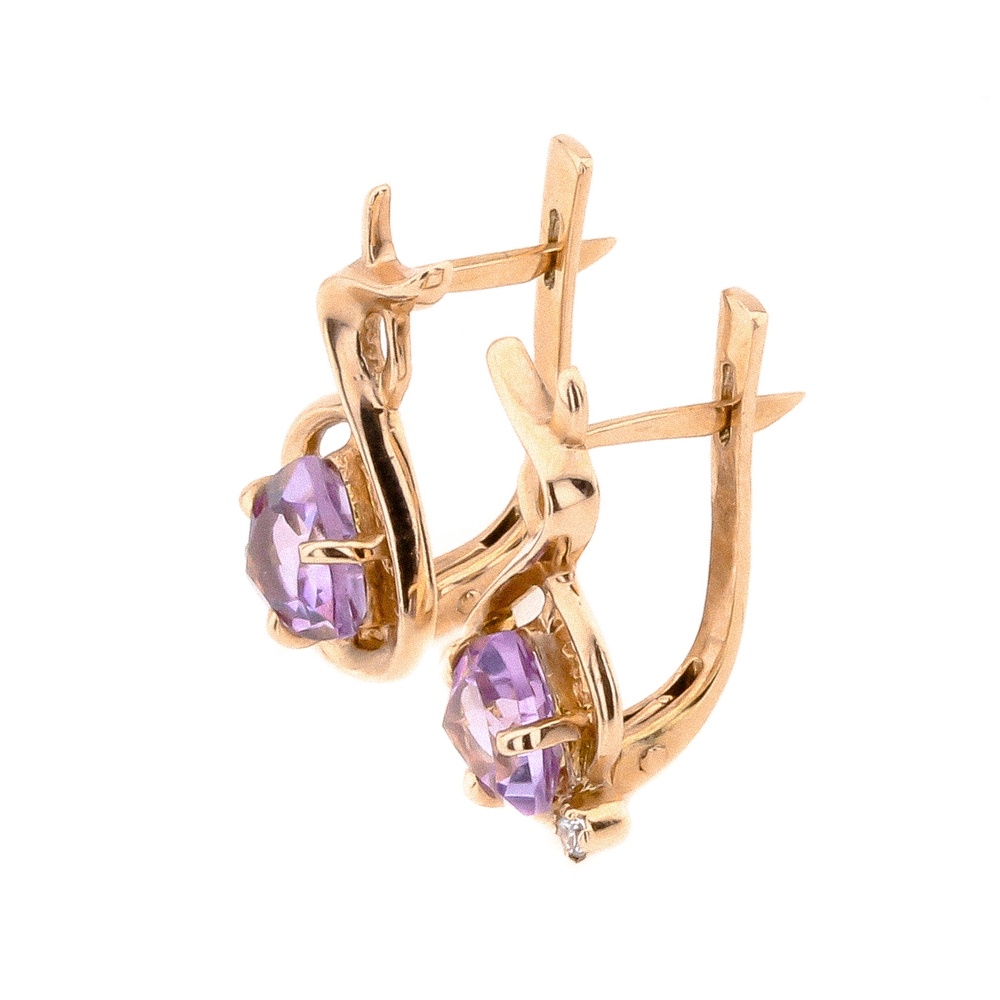 Золоті сережки з аметистами трильйон та фіанітами в класичному стилі 12456am, Фіолетовий