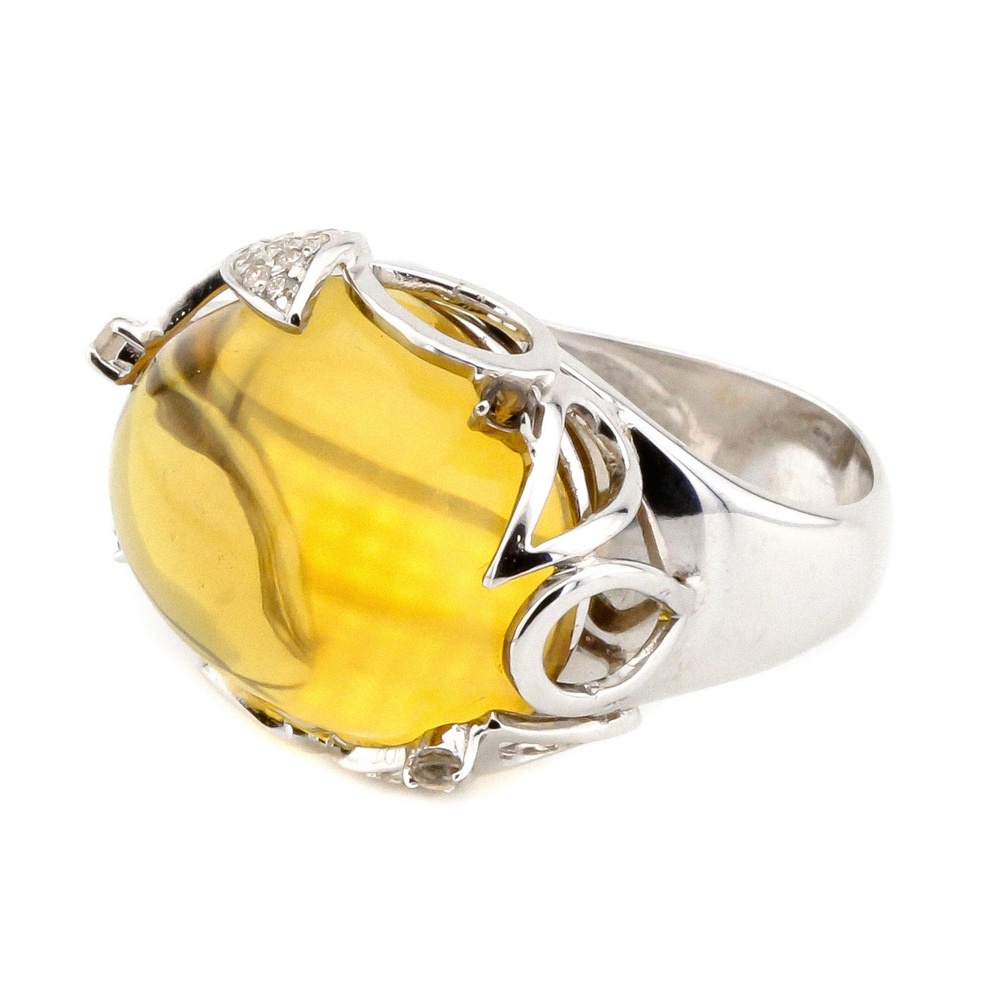 Кольцо из белого золота 750 с желтым цитрином, дымчатым кварцем и бриллиантами 11347, 18 размер