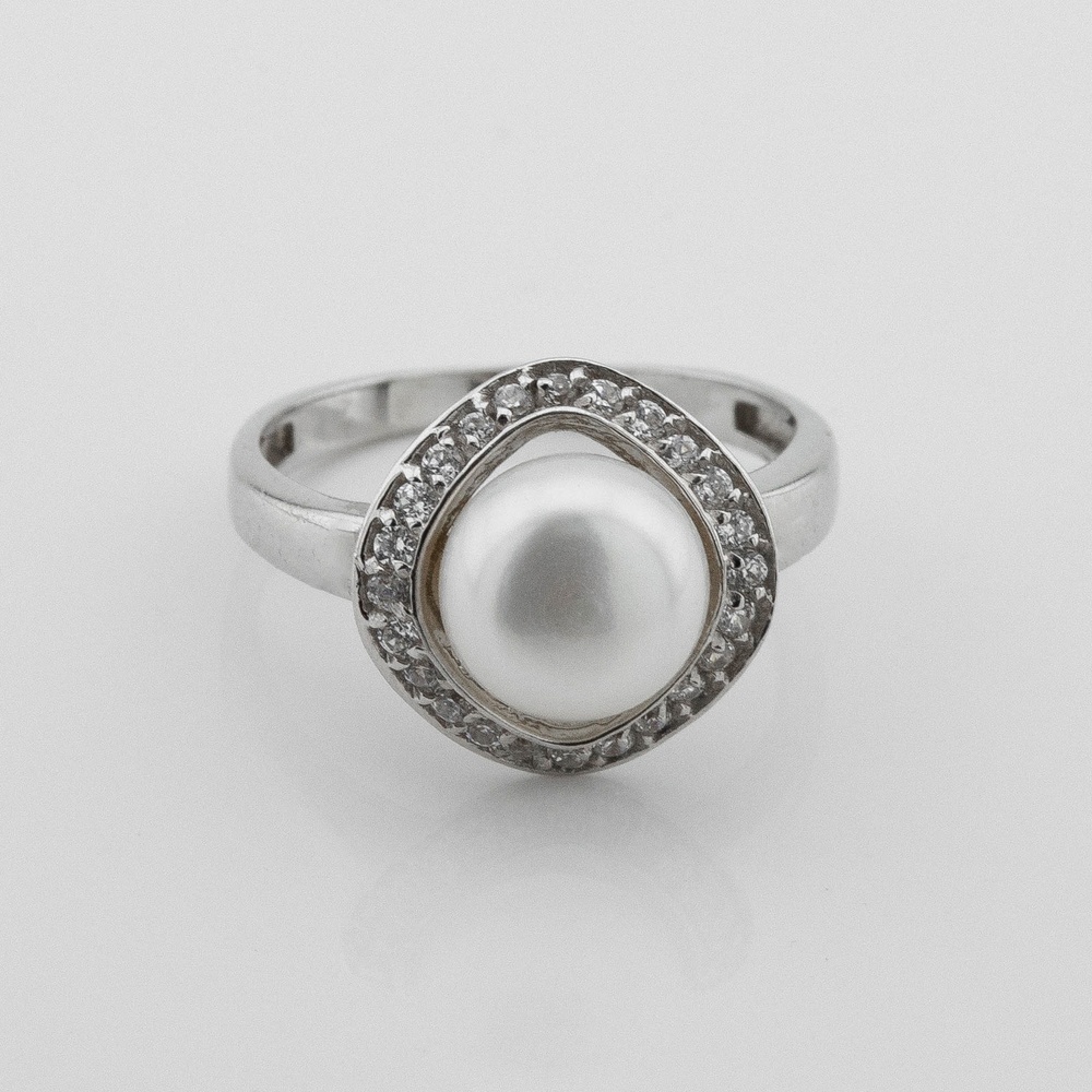 Золоте біле кільце Кружечок з перлами та фіанітами kk11067, 16 розмір