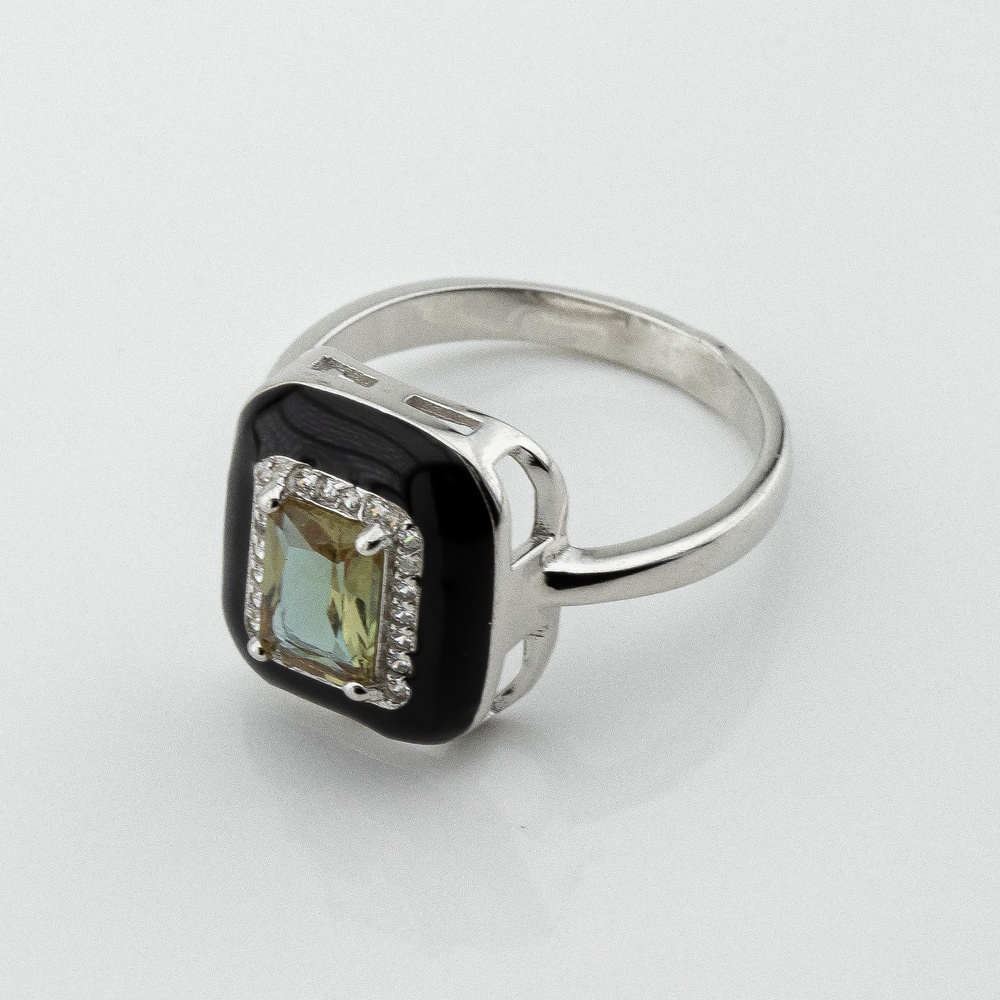 Серебряное кольцо Квадрат с султанитом, эмалью и фианитами 3101976, 16 размер