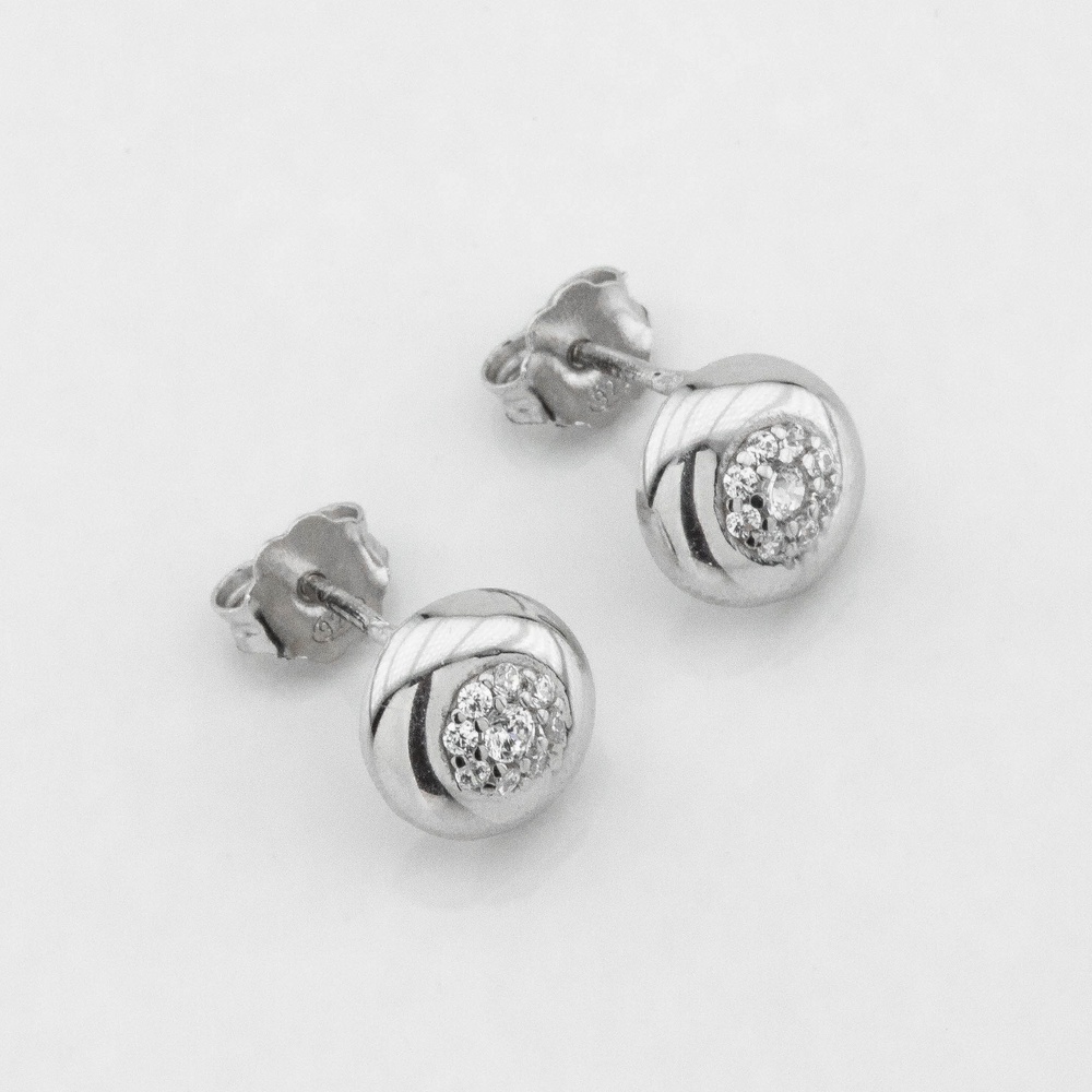 Серебряные сережки-пусеты круглые с фианитами белыми c121586, Белый