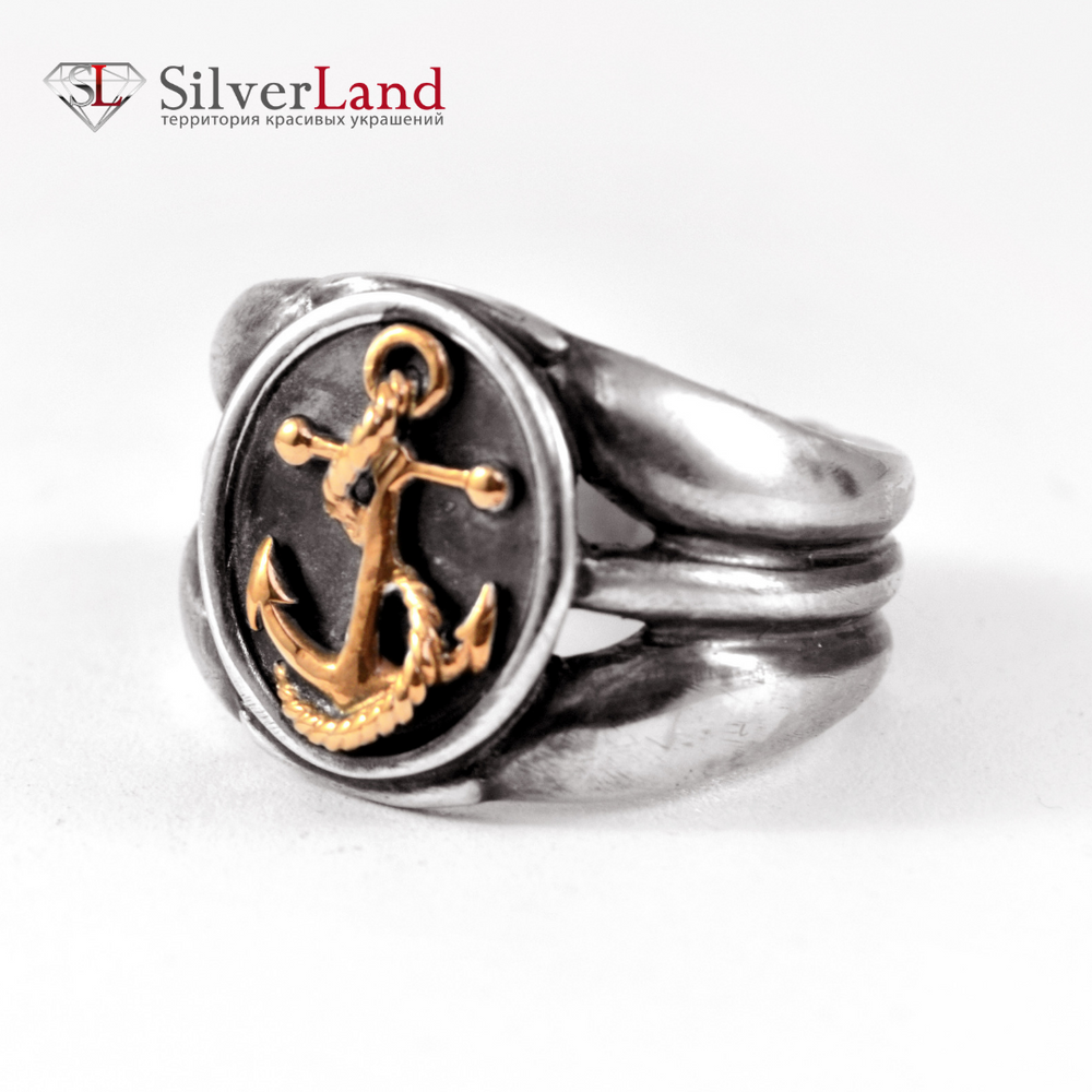 Серебряное кольцо перстень с якорем "EJ Skipper" в морском стиле в виде печатки Арт. 1067/EJ