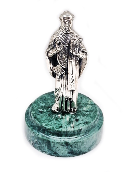 Скульптура Святой Николай Чудотворец из серебра 925 с чернением на подставке камень "Змеевик" 8002-IDE
